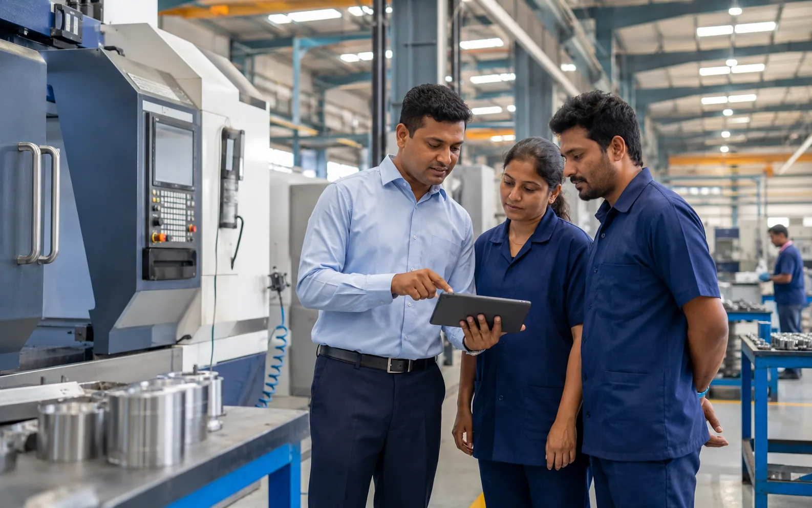 Indian manufacturing team operating CNC machine with tablet
